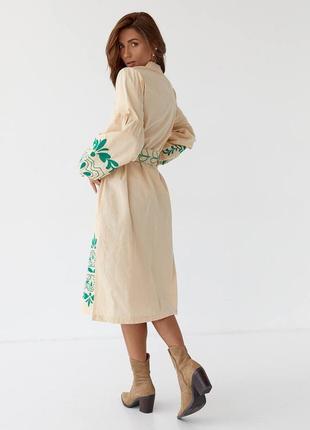 Стильна трендова жіноча вишита сукня, плаття-вишиванка, бежева, з поясом літня/літо-жіночий одяг4 фото