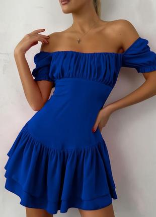 Платье мини приталенное лиф присобран верх на резинке рукав спущенный фонарик короткий юбка расклешонная двойной волан ткань софт1 фото