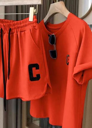Костюм трендовый летний спортивный футболка шорты оранжевый серый фиолетовый лавандовый черный3 фото