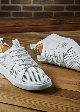 Мужские белые кеды кожа перфорация лето