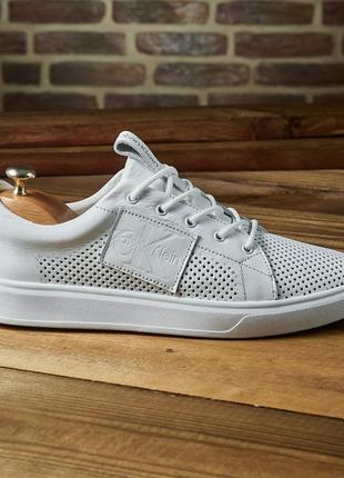 Мужские белые кеды кожа перфорация лето