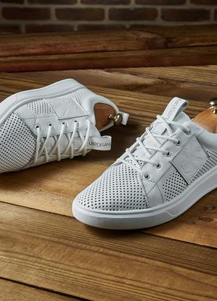 Мужские белые кеды кожа перфорация лето