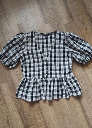 Воздушная клетчатая блуза блузка с пышными короткими рукавами6 фото