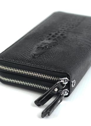 Чоловічий товстий класичний клатч гаманець на дві блискавки, діловий чорний клатч з кистьовою ручкою