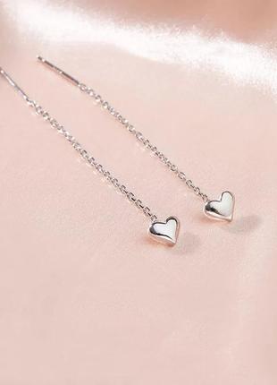 Сережки протяжки срібло 925 покриття довгі кульчики ланцюжки серце2 фото