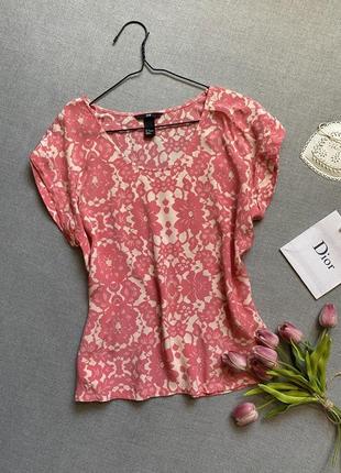 Натуральная, лёгкая, блуза, h&m, со спущеными руками, розовая с белым6 фото