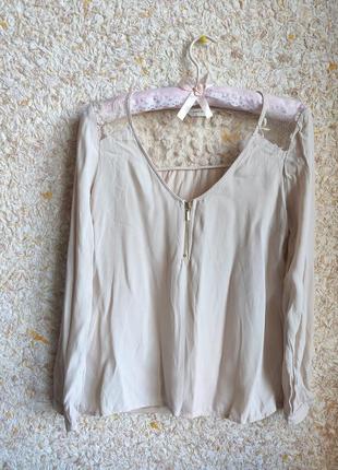 Бежева блузка жіноча з мереживом блуза красива кофта пудра франція paris naf naf