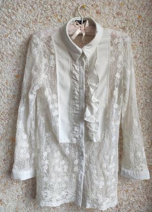 Белая блуза женская рубашка кружевная прозрачная блузка винтажная цветы гипюр англия sister jane1 фото