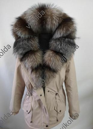 Женская зимняя парка куртка с мехом чернобурки золото