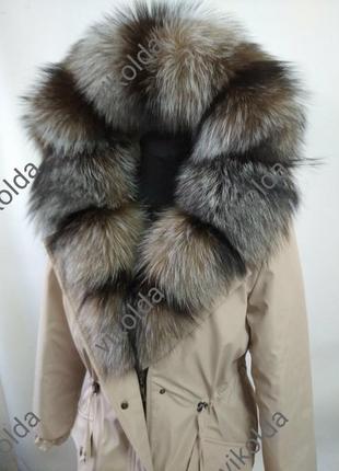 Женская зимняя парка куртка с мехом чернобурки золото2 фото