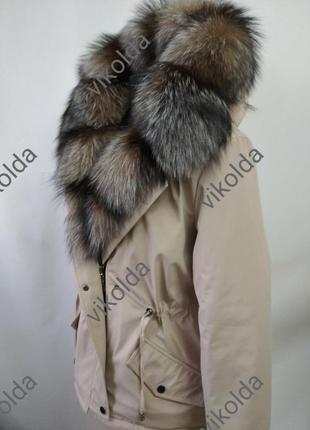 Женская зимняя парка куртка с мехом чернобурки золото3 фото