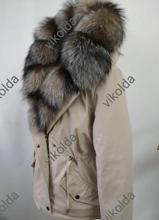 Женская зимняя парка куртка с мехом чернобурки золото4 фото