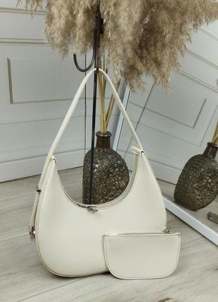 Женская стильная, качественная сумка багет + кошелек из эко кожи молочная
