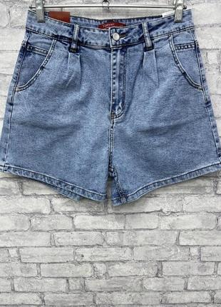 Жіночі блакитні короткі джинсові шорти з високою посадкою напівбатал1 фото