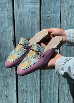 Кожаные шлепанцы мюли много цветов