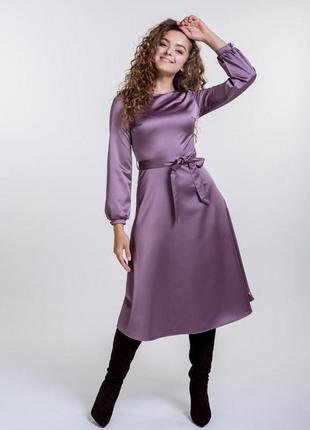 Женское фиолетовое вечернее выпускное атласное платье ниже колена2 фото