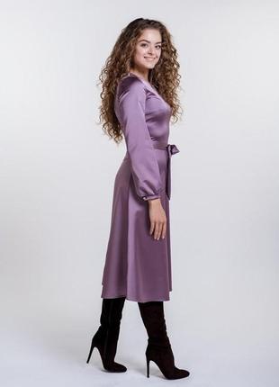 Женское фиолетовое вечернее выпускное атласное платье ниже колена1 фото