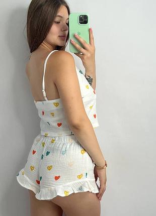 Пижама комплект шорты и топ с рюшами муслин секси принт 20 цветов