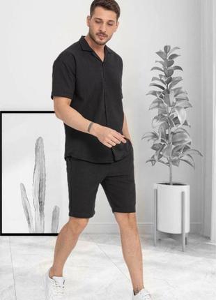 Зручний стильний чоловічий літній костюм шорти + сорочка повсякденний чорний2 фото