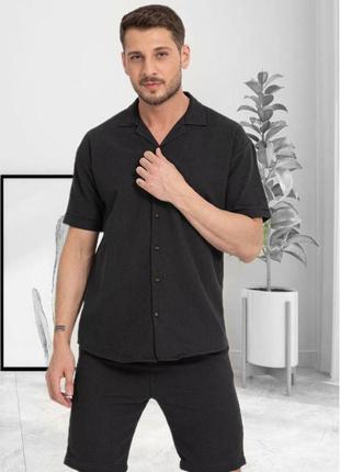 Зручний стильний чоловічий літній костюм шорти + сорочка повсякденний чорний3 фото