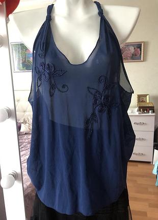 💙синя напівпрозора майка/топ нейлон з вишивкою італія