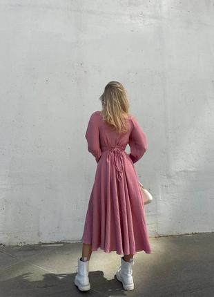 Трендовая розовая барби пудра роза женское длинное платье с вырезом и на завязках на спине 2023 с длинным рукавом2 фото