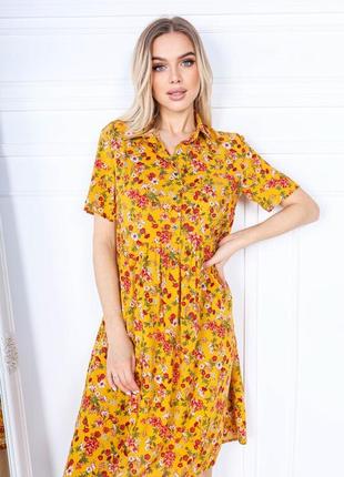 Платье рубашка штапель в цветочек свободное расклешенное с завышенной талией для беременных батал с коротким рукавом жёлтое зелёное оранжевое розовое8 фото