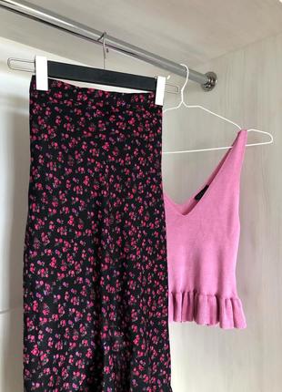 🌺 черная сатиновая юбка рыбка миди в цветочный принт topshop размер s 8
