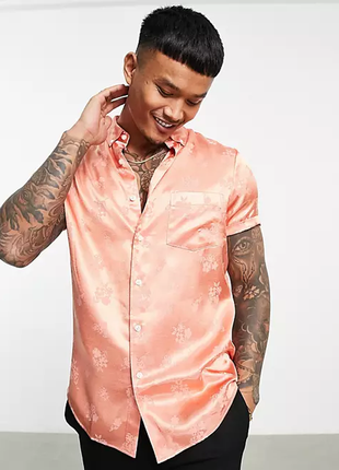 Шведка рубашка asos design - regular fit satin shirt in copper floral jacquard2 фото