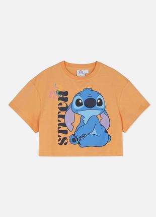 Яскрава помаранчева укорочена футболка з принтом stitch, стич
