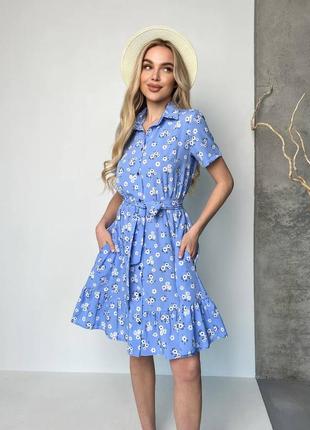 Платье рубашка в цветочек с коротким рукавом воротником рюшами оборками под пояс тиффани фрез оливка джинс голубой черный8 фото