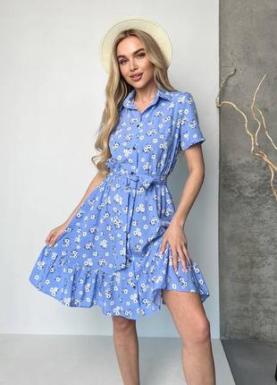 Платье рубашка в цветочек с коротким рукавом воротником рюшами оборками под пояс тиффани фрез оливка джинс голубой черный7 фото