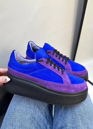 Синие с фиолетовым замшевые кеды кроссовки на высокой подошве