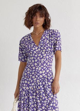 Летнее платье миди с цветочным принтом фиолетовое3 фото