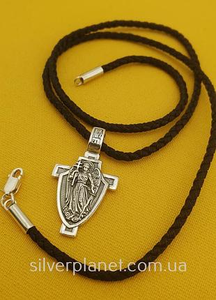Плетеная цепочка и кулон крестик архангел михаил на щите. шнур шелк с серебряным...