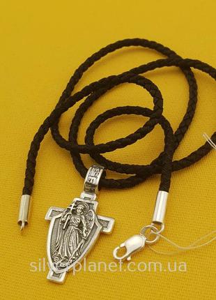 Плетеная цепочка и кулон крестик архангел михаил на щите. шнур шелк с серебряным...