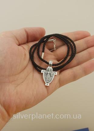 Плетеная цепочка и кулон крестик архангел михаил на щите. шнур шелк с серебряным...