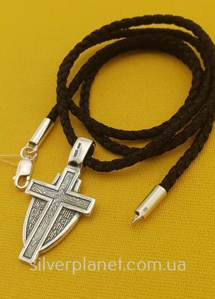 Плетеная цепочка и кулон крестик архангел михаил на щите. шнур шелк с серебряным...