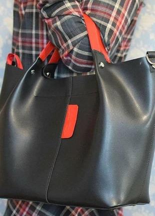 Чёрная прочная женская молодёжная деловая сумка шоппер с короткими ручками или на плечо10 фото
