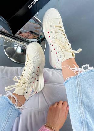 Красивейшие женские кеды converse all star cdg high white кремовые с сердечками3 фото