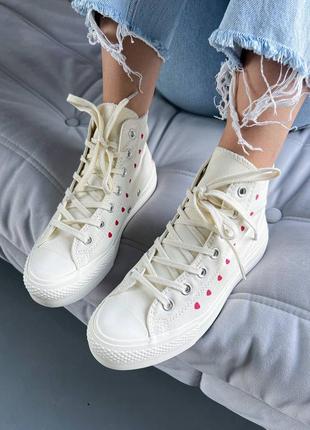 Красивейшие женские кеды converse all star cdg high white кремовые с сердечками7 фото