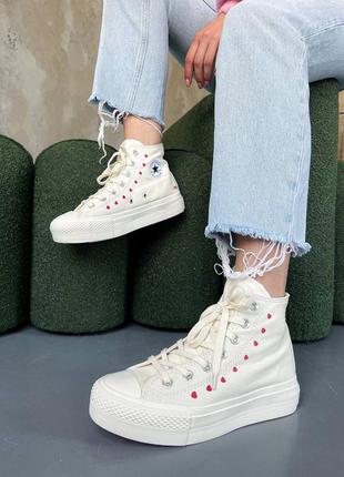 Красивейшие женские кеды converse all star cdg high white кремовые с сердечками9 фото