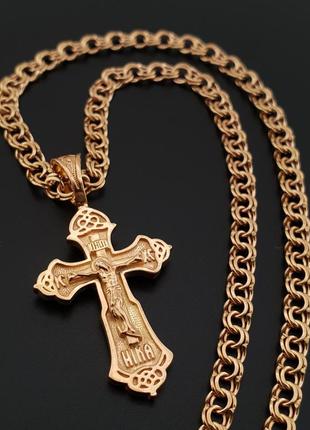 Тонка срібна цепочка з хрестиком позолота 585. позолочений ланцюжок бісмарк і кулон хрестик срібло 925