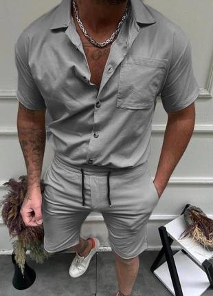 Легкий модный мужской летний костюм шорты + рубашка повседневный серый