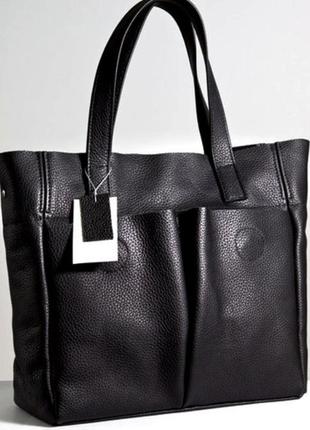 Жіноча сумка тоут з натуральної шкіри з накладними кишенями1 фото