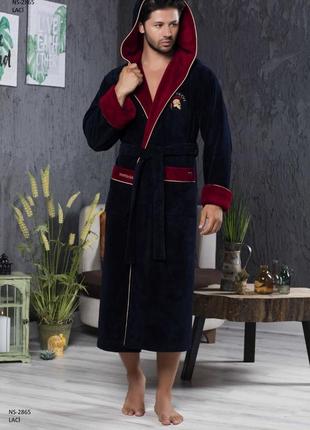 Халаты мужские модные на запах велюровый, мужской халат махровый хорошего качества  с капюшоном темно синий