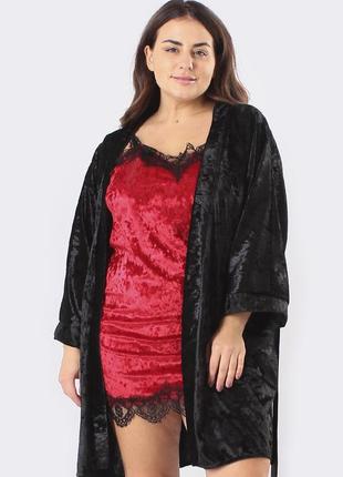 Женский комплект велюровый для дома большие размеры халат+пеньюар красный/черный9 фото