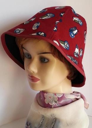 Шляпка женская. клош. колокольчик. штапель.совы на бордовом. hand made. цена 250 гр.