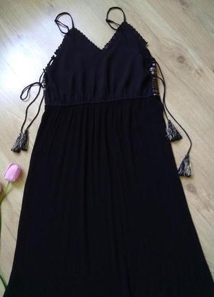 Стильный черный миди сарафан f&f из жатки/летнее миди платье с кружевом на бретельках8 фото