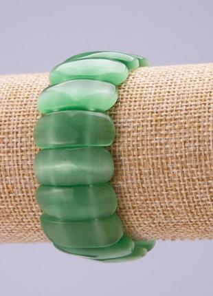 Браслет из натурального камня кошачий глаз зеленый звенья 25х11мм на резинке